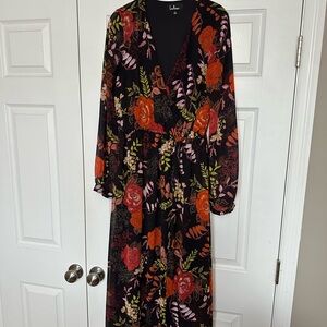 Lulu's Orange and Red Wrap Sundress with Bishop Sleeves
